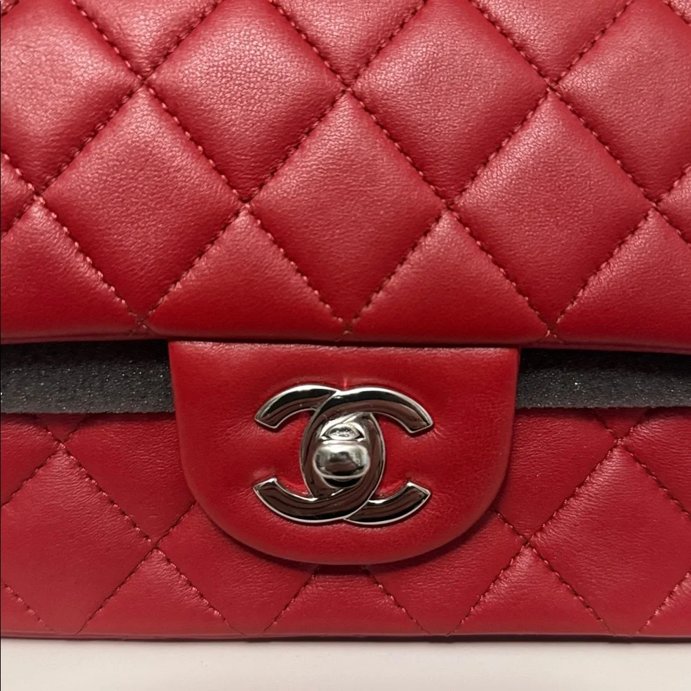 Authentic Chanel Classic Red Quilted Rectangle Mini Lambskin Bag